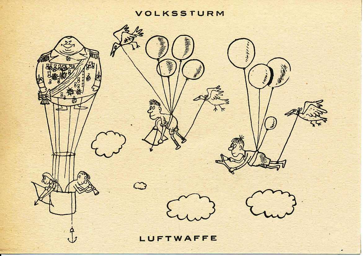 An illustration of two boys holding slingshots being lifted into the sky by balloons and birds.