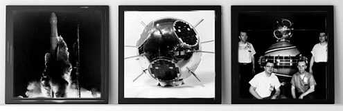 A series of black and white photographs lined up horizontally showing a rocket launching off, the GRAB satellite, and four men in short sleeve shirts standing in front of it.