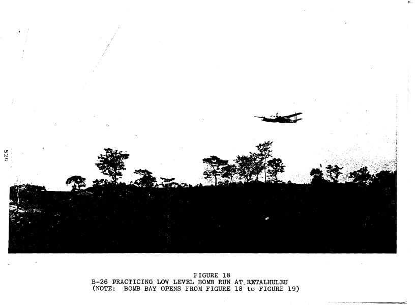 A black and white diagram of a B-26 flying over the ground.