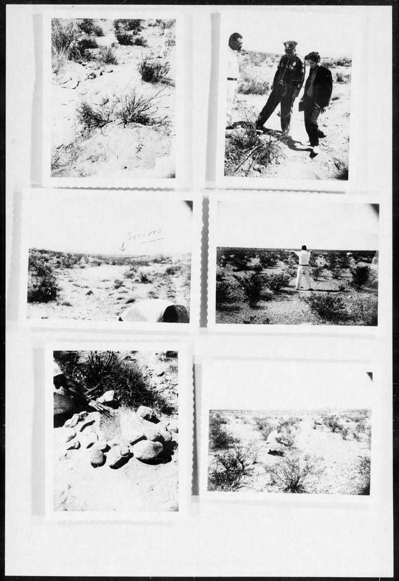 A board with six black and white photographs posted onto it.