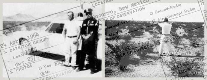 A report overlaid onto two side by side images: a man and police officer leaning against a light colored car and a man standing outside surrounded by plants with his back towards the camera.