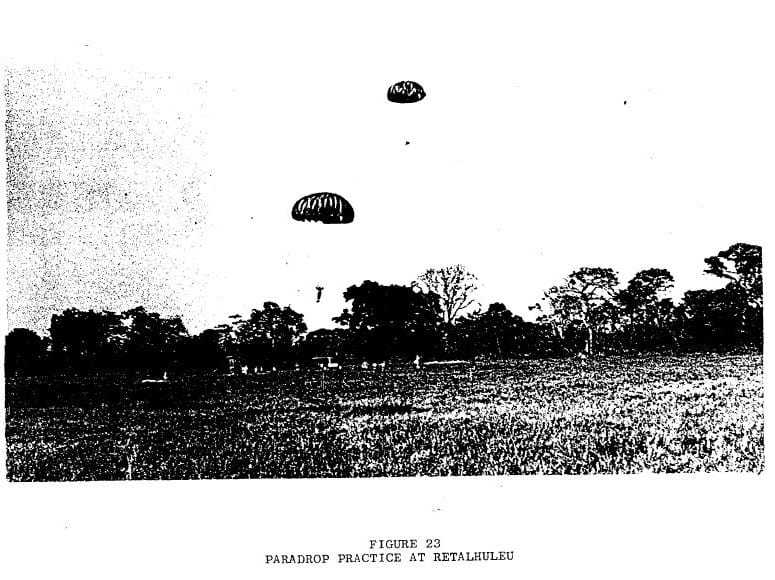A dark black and white photograph of paratroopers in-flight.