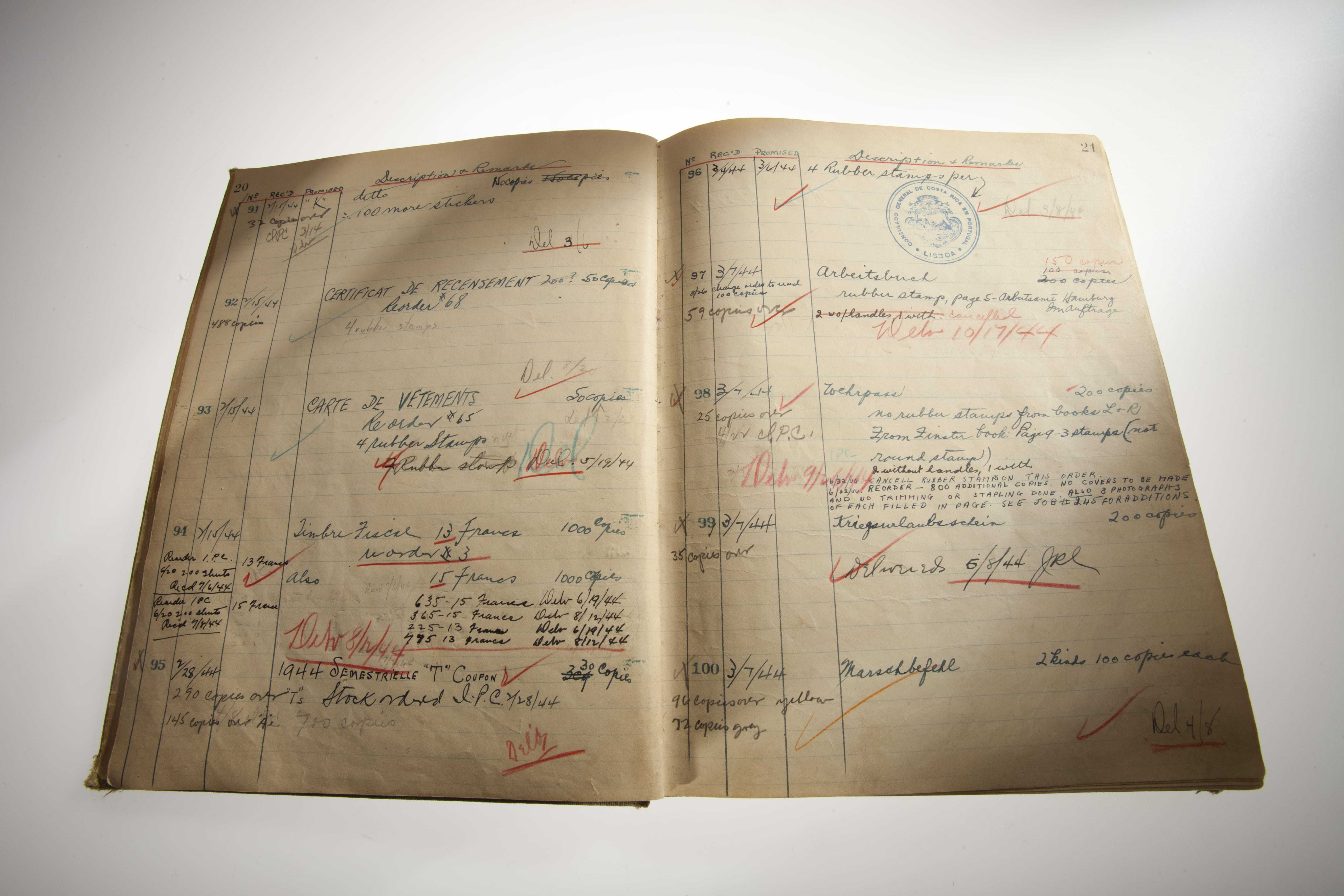 An open book with the pages divided into columns and rows. Various handwriting, colors, and stamps are marked on both pages.
