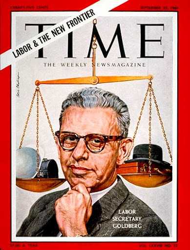 red and black and white cover of vintage Time magazine, with cartoon image of judge and scales behind him.