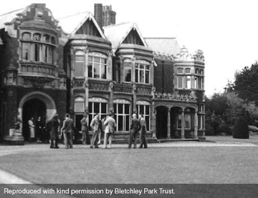 A black and white photo of Bletchley Park, where ENIGMA was created.