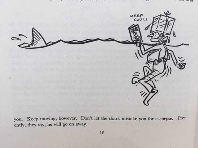 A cartoon illustration of a man staying afloat in the water with ice tied to his head and a shark fin nearby.