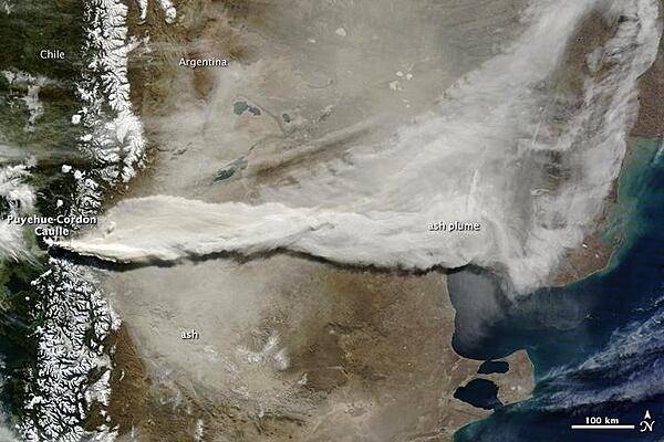 Satellite view of the Puyehue-Cordon Volcano Complex on 13 June 2011 - the 10th day of the eruption - shows a very large blanket of ash deposited onto the Pampas of Argentina. Photo courtesy of NASA.