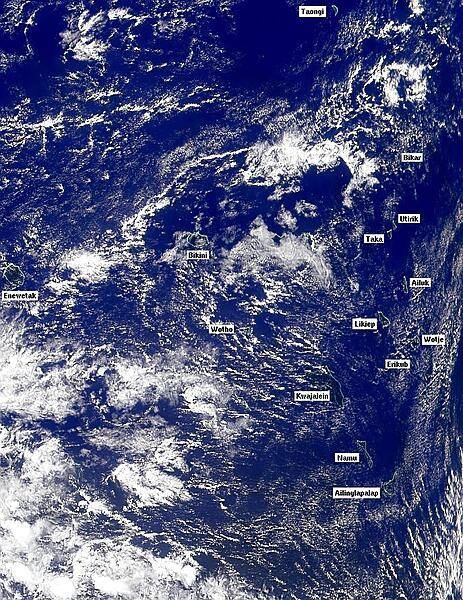 Satellite photo showing most of the Marshall Islands archipelago. Majuro and Arno Atolls in the next image lie to the lower right of this photo. Image courtesy of NASA.