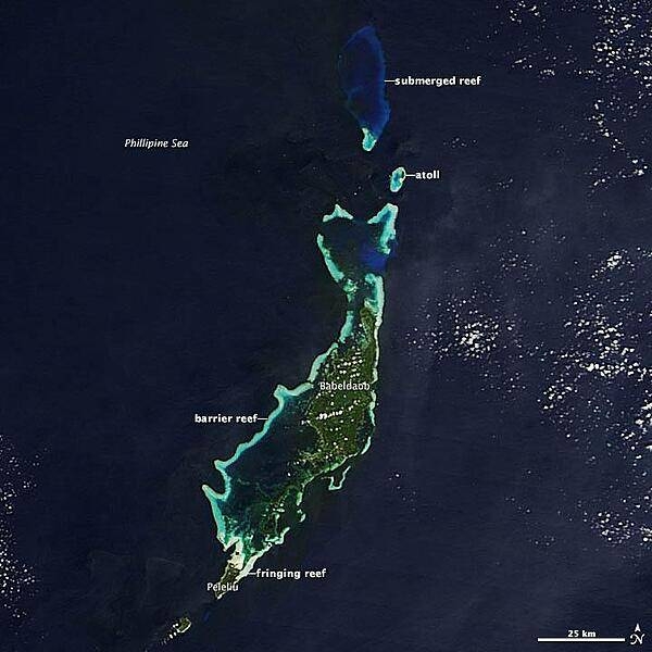 The Republic of Palau, a chain of islands at the far western end of Micronesia, consists of nine inhabited islands and more than 700 small islets in the Philippine Sea. The archipelago contains a range of geological features but, when viewed from above, it is the archipelago's many turquoise coral reefs that command attention. The island chain is comprised of 459 sq km (179 sq mi) of dry land, and approximately 525 sq km (203 sq mi) of reefs spread through the ocean. NASA's Terra satellite acquired this view of Palau on 11 December 2012. Image courtesy of NASA.
