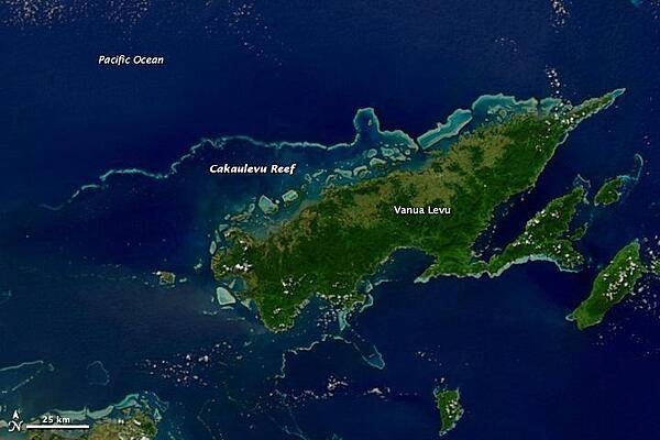 This satellite image shows Fiji's second-largest island, Vanua Levu, and the Cakaulevu Reef that shelters the island's northern shore. Also called the Great Sea Reef, Cakaulevu shines turquoise through clear, shallow waters. It is the third longest continuous barrier reef in the world, behind the Great Barrier Reef in Australia and the Mesoamerica Reef off Central America. When combined with the nearby Pascoe Reef, Cakaulevu Reef is about 200 km (120 mi) long. On its own, the Cakaulevu Reef covers 202,700 sq km (77,200 sq mi).
The first systematic survey of the reef (in 2004) revealed a diverse marine population, including unique mangrove ecosystems and endemic fish. Twelve threatened species live within the reef: 10 fish species, the green turtle, and the spinner dolphin. All of this marine life has traditionally supported the native population, and currently some 70,000 people depend on the reef. After seeing fish populations decline in recent decades, local leaders created a series of marine protected areas in 2005 where fishing is prohibited. Where the ban has been enforced, fish populations have rebounded and spilled over into areas where fishing is permitted. Photo courtesy of NASA.