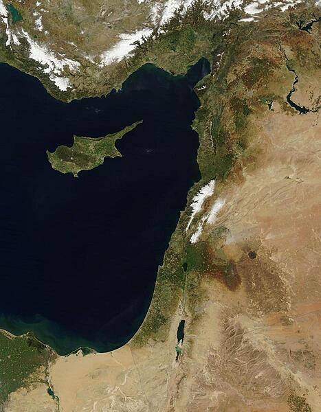 The Levant, the eastern coast of the Mediterranean Sea, is vividly displayed on this satellite image. Cyprus' distinctive shape points to the Gulf of Iskenderun in southern Turkey. Other Levant countries in a clockwise direction are Syria, Lebanon, Israel, and Egypt. Snow appears clearly in the mountains of Turkey (top) and Lebanon (center) and in thin strips in between in the highlands of Syria. Photo courtesy of NASA.