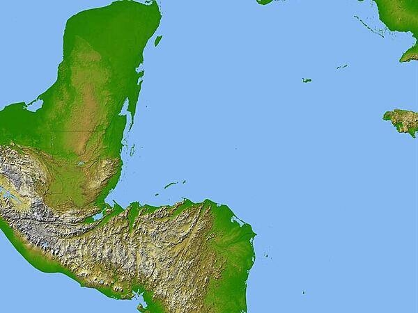 Satellite radar topography image of a portion of Central America. Due to persistent cloud cover, obtaining conventional high-altitude photos of this region is extrordinarily difficult. Radar's ability to penetrate clouds and make 3-D measurements allowed scientists to generate the first complete high-resolution topographic map of the entire region. All of Guatemala, Belize, El Salvador, and Honduras are visible on this image, as well as a considerable portion of southern Mexico (the Yucatan Peninsula). Image courtesy of NASA/JPL/NGA.