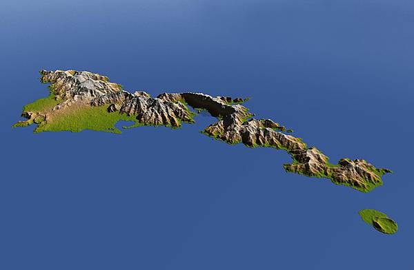 The topography of Tutuila, largest of the islands of American Samoa, is distinctively shown in this color-coded perspective view generated with digital elevation data from the space. Two visualization methods were combined to produce the image: shading and color coding of topographic height. The total area of Tutuila is about 142 sq km (55 sq mi), slightly larger than San Francisco. The large bay near the center in this view is Pago Pago Harbor, actually a submerged volcanic crater whose south wall collapsed millions of years ago. Adjacent to the harbor is Pago Pago, the capital of American Samoa, and to the left (west) of the harbor in this view is Matafao Peak, Tutuila's highest point at 653 m (2,142 ft). The small island to the east is Aunu’u. Topography is exaggerated by a factor of two. Image courtesy of NASA/JPL/NGA.