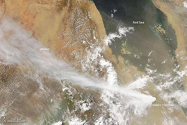 The stratovolcano, Nabro, rumbled to life on 12 June 2011, following a series of earthquakes. This satellite image was taken the following day. There had been no previous historical reports of eruptions at Nabro. Photo courtesy of NASA.