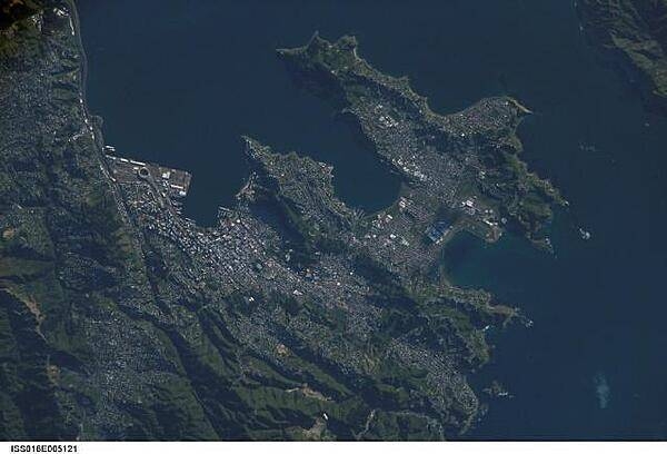 A view of New Zealand's capital of Wellington, located at the southwestern tip of North Island near the Cook Strait. The city is the second largest in New Zealand (after Auckland), and at 41 degrees south latitude, it is the southernmost capital city in the world. Five major geologic faults run through the Wellington municipality. Recognition of the potential seismic hazard in the metropolitan area has led to the adoption of building codes to maximize structural resistance to earthquake damage. Click on photo to increase resolution. Image courtesy of NASA.