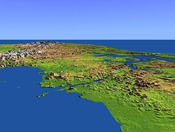 This shaded-relief perspective view - generated using topographic data from a space shuttle mission - shows the Panama Canal with the Pacific-side Gulf of Panama in the foreground and the Caribbean Sea in the distance. Water levels are maintained along its length by three reservoirs, the largest of which is Lake Gatun, visible at the right center of the image. Built by the US Army Corps of Engineers between 1904 and 1914, the canal extends for approximately 80 km (50 mi), and is widely considered to be one of the world's great engineering achievements. Imagery credit: NASA.