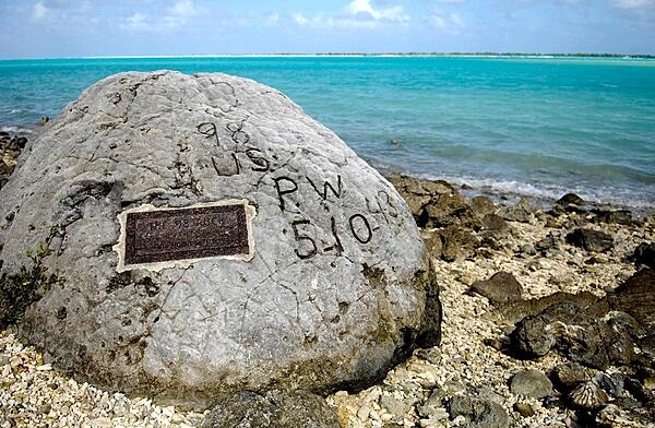 Wake Island memorial to 98 civilian contractors killed by Japanese soldiers during their occupation of the island in World War II. Photo courtesy of the US Air Force.