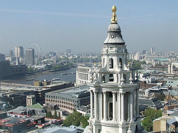 A view from the Golden Gallery, the highest point of the outer dome of St. Paul's Cathedral in London, England, United Kingdom. This Anglican place of worship sits on Ludgate Hill, the highest point in the city. Sir Christopher Wren designed the present structure, which dates to the 17th century and is generally considered to be the fifth St. Paul's Cathedral on the site.