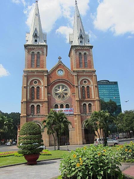 Notre Dame Cathedral in Ho Chi Minh City (aka Saigon) was built by French colonists from 1877 to 1880. The neo-Romanesque structure used stained-glass windows imported from Chartres, France, and bricks from Marseille, France.