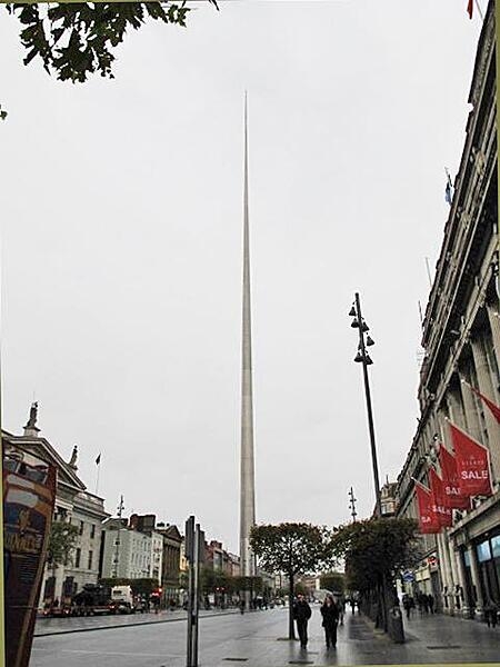The Spire on O'Connell Street in Dublin, Ireland, was erected near the General Post Office in 2003. The 120 m- (394 ft-) high structure is also known as The Tower of Light. It replaced a pillar with a statue of England's Lord Nelson that was destroyed in 1966 and that was seen as a relic of English colonialism. The Spire consists of eight hollow stainless steel cone sections and contains a tuned mass damper to ensure aerodynamic stability during a wind storm.