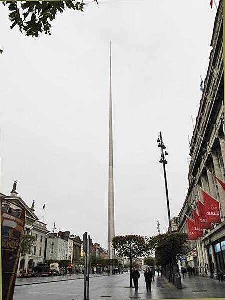 The Spire on O'Connell Street in Dublin, Ireland, was erected near the General Post Office in 2003. The 120 m- (394 ft-) high structure is also known as The Tower of Light. It replaced a pillar with a statue of England's Lord Nelson that was destroyed in 1966 and that was seen as a relic of English colonialism. The Spire consists of eight hollow stainless steel cone sections and contains a tuned mass damper to ensure aerodynamic stability during a wind storm.