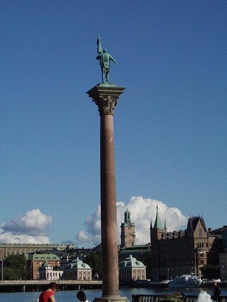 A pillar near Sweden's Stockholm City Hall bears the figure of Englbrekt Engelbrektson, leader of a 1434 rebellion for Swedish independence from Denmark.