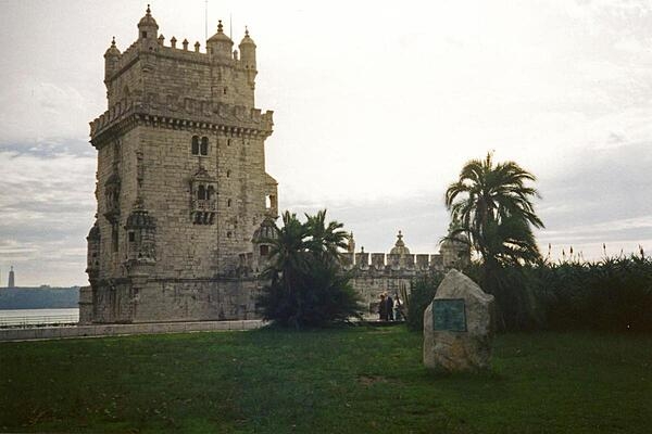 The Torre de Belem (Belem Tower) in Lisbon, Portugal, was built in the early 16th century to commemorate Vasco da Gama's voyages of discovery to India (1497-1524).