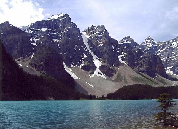 Moraine Lake in Banff National Park, Alberta. The intense blue waters of the lake come from the run-off of nearby glaciers.