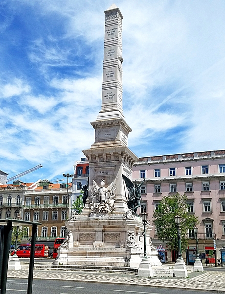 The Monument to the Restorers in Lisbon, Portugal, was erected in 1886 to celebrate the restoration of Portuguese independence from Spain in 1640.