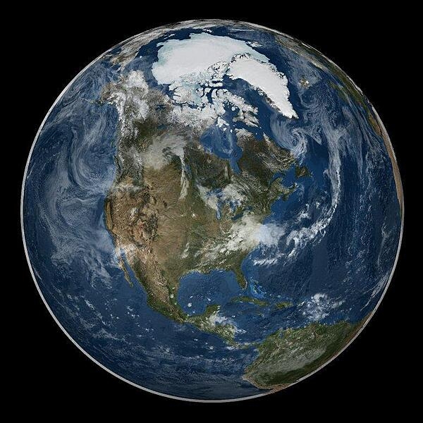A global view of the Arctic on 21 September 2005. Shown in this view is all of North America and the northern portion of South America. Image courtesy of NASA.