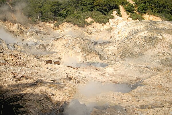 Sulfur Springs on Santa Lucia is billed as the world's only drive-in volcano. The two boxes house monitoring devices that keep track of seismic activity.