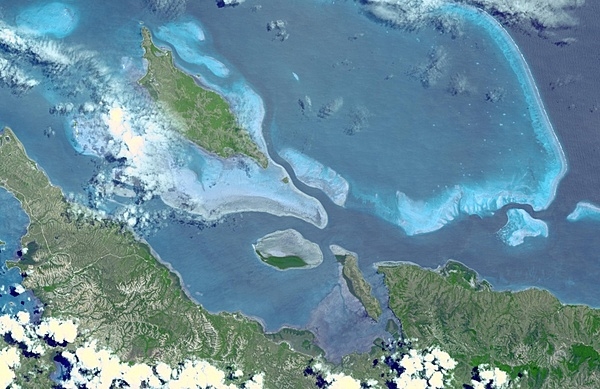 In 2008, UNESCO added the Lagoons of New Caledonia to the World Heritage Site list. The Lagoons comprise six marine clusters that represent the main diversity of coral reefs and associated ecosystems in the French Pacific Ocean archipelago of New Caledonia and one of the three most extensive reef systems in the world. These Lagoons feature a remarkable diversity of coral and fish species and a continuum of habitats from mangroves to seagrasses with the world's most diverse concentration of reef structures. The Lagoons of New Caledonia display intact ecosystems, with healthy populations of large predators, and a great number and diversity of big fish. They provide habitat to a number of emblematic or threatened marine species such as turtles, whales, and dugongs whose population here is the third largest in the world. Photo courtesy of NASA.