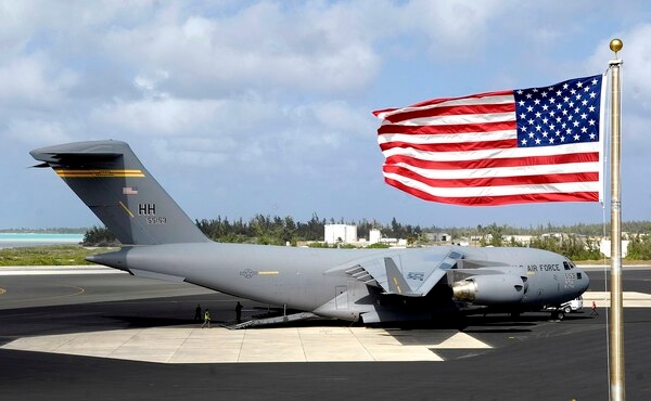 A C-17 Globemaster III on the flight line at Wake Island Airfield. Image courtesy of the US Air Force/ TSgt Shane A. Cuomo.