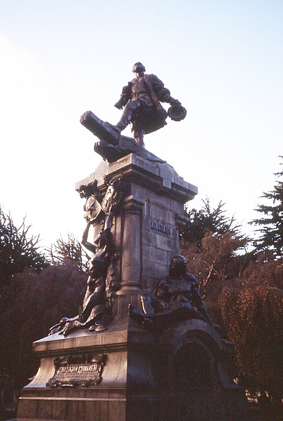 Monument in Punta Arenas to Ferdinand Magellan, the Portuguese explorer who organized the Spanish expedition to the East Indies from 1519 to 1522, which resulted in the first circumnavigation of the Earth. Overcoming storms and mutinies, the expedition managed to pass the Strait of Magellan (named after the navigator) to become the first explorers to cross from the Atlantic to the Pacific Ocean. Punta Arenas (Sandy Point) is the most populous southernmost city in Chile and the Americas.