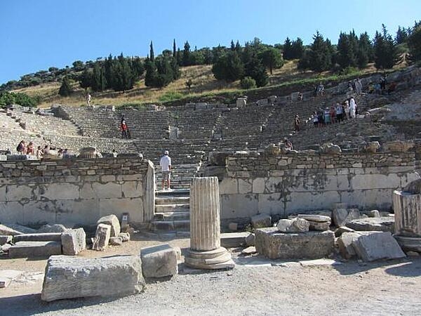 Ruins of the Roman Senate (Odeon, or small theater) in Ephesus, Turkey. In Roman times, Ephesus had a population estimated between 250,000 and 500,000, making it one of the largest cities in the Mediterranean world.