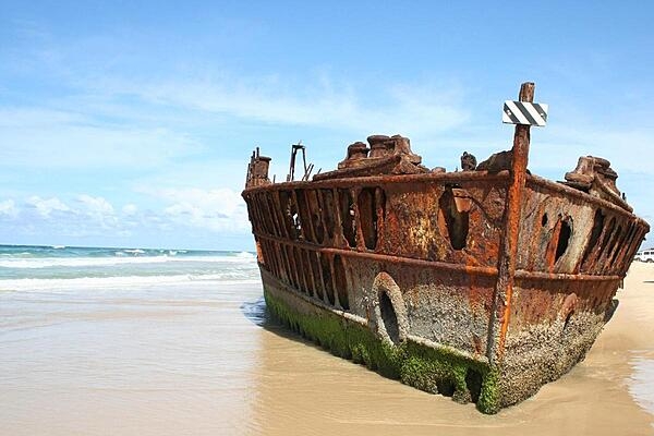 Wreck of the Maheno, Fraser Island. Caught in a winter cyclone in 1935, this ship was driven ashore onto the world&apos;s largest sand island, a World Heritage Site.