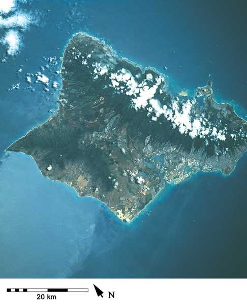 Another view of Oahu from space, this time showing almost all of the Hawaiian island. While not the largest in the island chain, it is easily the most populous since it is the site of Honolulu, the state capital, and Pearl Harbor, the major US Pacific naval installation. Image courtesy of NASA.