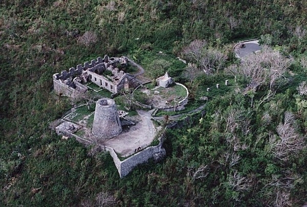 Aerial view of Annaberg Plantation in the Virgin Islands. By 1780, the plantation was one of 25 sugar factories on St. John. Photo courtesy of the US National Park Service.