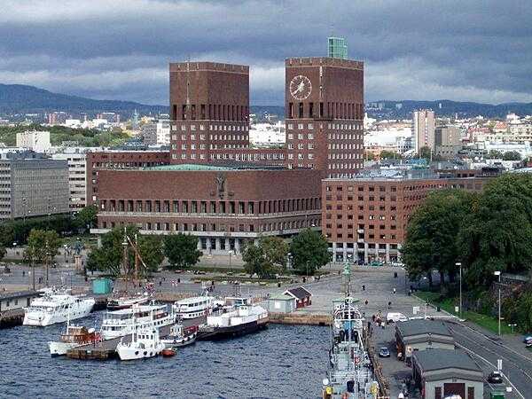 The City Hall (Radhus) in Oslo, Norway.  Although construction began in 1931, World War II delayed completion, and the building was finally finished in 1950. Between 1990 and 2019, the Nobel Peace Prize ceremony was held at the City Hall.