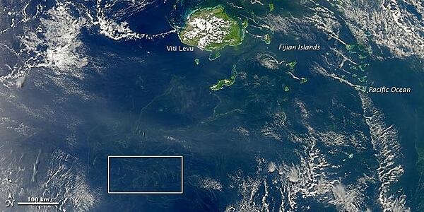 It is hard to believe, but some of the smallest organisms on our planet can be viewed from space. Diminutive bacteria and plankton (microscopic, floating plants) can merge into great chains and mats that can be detected by satellites hundreds of kilometers up. NASA&apos;s Aqua satellite captured this image of a plankton or bacterial bloom south of Fiji on 18 October 2010. Photo courtesy of NASA.