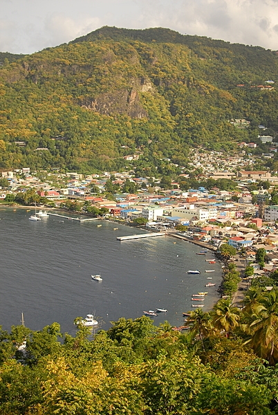 A view showing the town of Soufrière, Santa Lucia, and its harbor.
