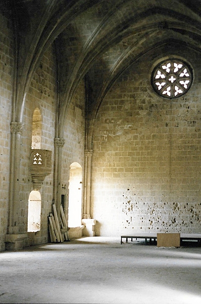 Although part of the Bellapais Abbey is in ruins, portions remain in use for religious services, concerts, and as a romantic setting for weddings. Shown here is the still very much intact refectory.