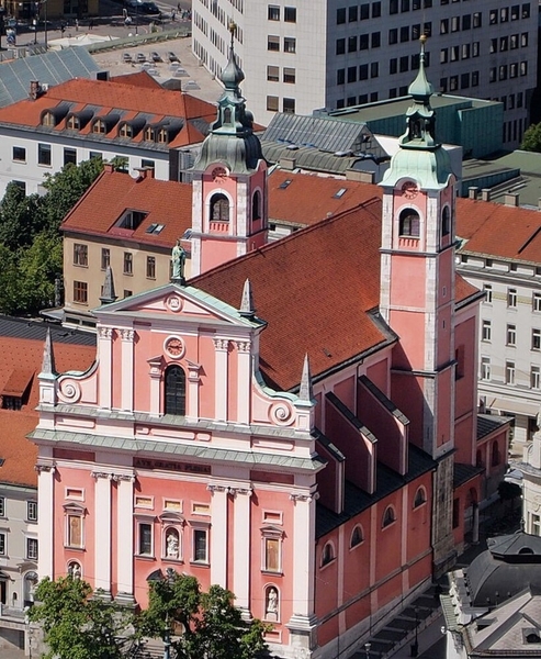 Slovenia’s Franciscan Church of the Annunciation is located in Prešeren Square in Ljubljana, the capital of Slovenia. It was built between 1646 and 1660 and is the parish church of the city. Originally the church was painted red, the symbolic color of the Franciscan monastic order, but it faded to pink over time, and citizens liked the color. Since 2008, the church has been protected as a cultural monument of national significance.