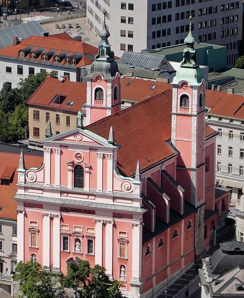 The Franciscan Church of the Annunciation is located in Prešeren Square in Ljubljana, the capital of Slovenia. It was built between 1646 and 1660 and is the parish church of the city. Originally the church was painted red, the symbolic color of the Franciscan monastic order, but it faded to pink over time, and citizens liked the color.