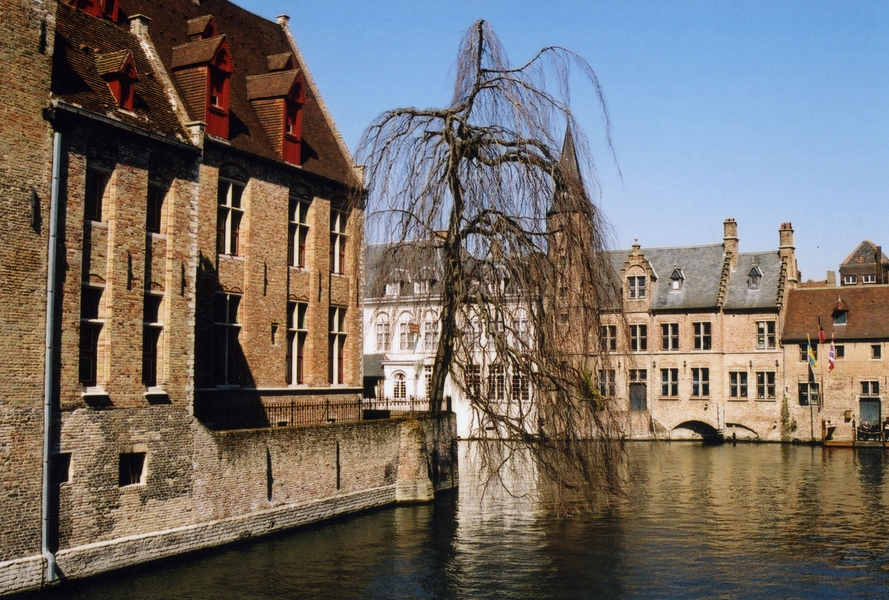 The historic center of Bruges (Brugge), Belgium, is crisscrossed by canals. The Dijver Canal connects the old part of the city with the outer canal ring, which ultimately connects to the North Sea.
