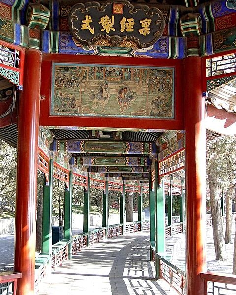 Section of the Long Corridor, a covered walkway at the Summer Palace in Beijing, China. The 18th-century corridor is famous for its great length (728 m), which is used to display over 14,000 paintings.