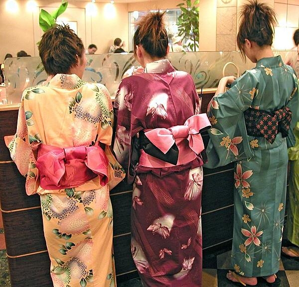 Colorful kimonos in a Tokyo coffee shop.