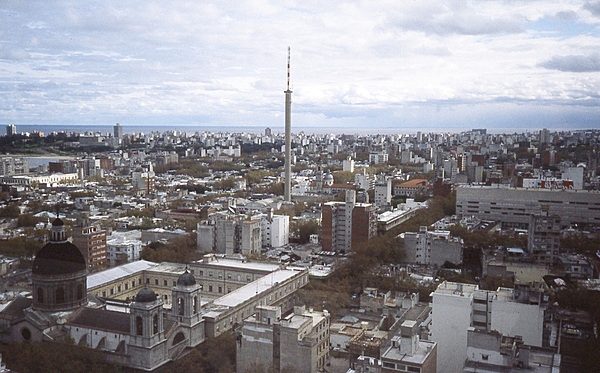 Aerial view of Montevideo, Uruguay, showing the Sacred Heart Church in the left foreground. The adjoining building was originally a seminary but today is a school.