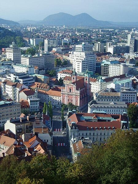 The central skyline of Ljubljana, capital of Slovenia, as seen from the castle tower overlooking the city.