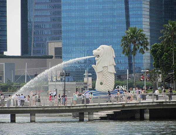 The larger of the two merlions (half-fish/half-lion) on Marina Bay in Singapore stands at 8.6 meters (28 ft) and weighs 70 tons. The word "sing" in Malay means "lion," and the city is often called "Lion City."